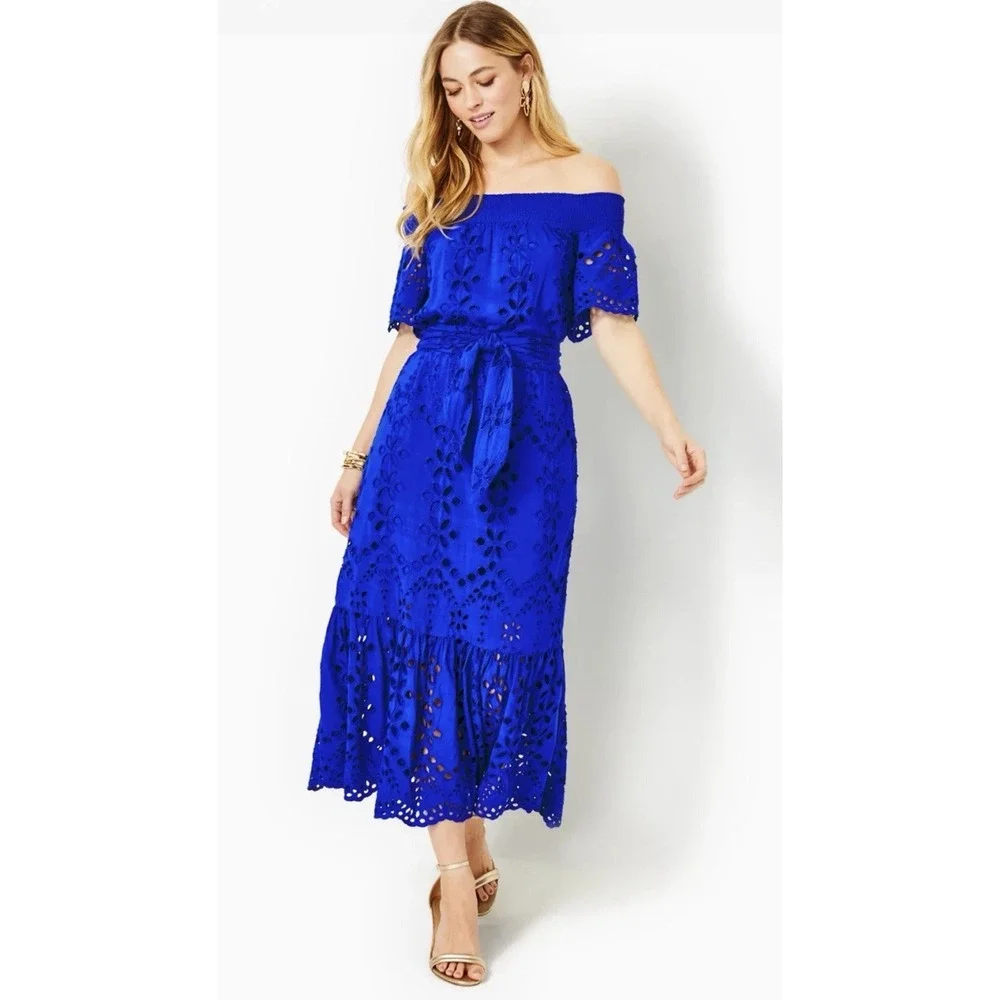 Lilly Pulitzer Isbell Off-The-Shoulder Eyelet Midi Dress Blue Grotto Soiree XS